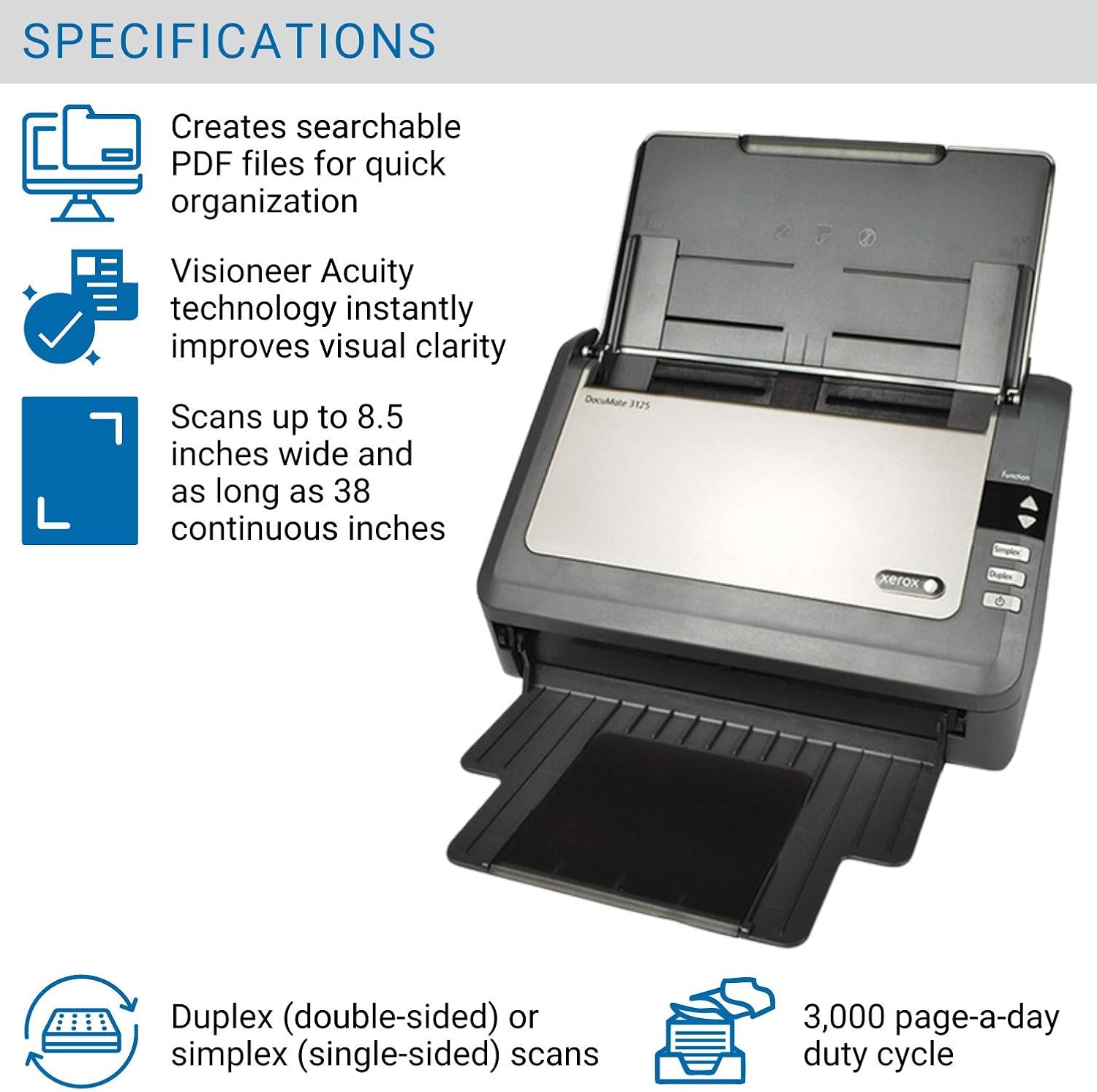 Xerox DocuMate 3125 Duplex Document Scanner for PC and Mac, Automatic Document Feeder (ADF)