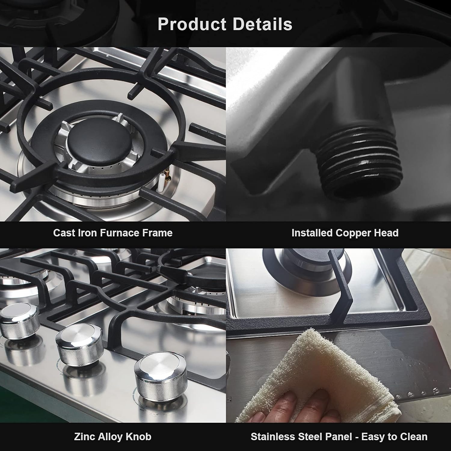 Gas Cooktop 30 inches 5 Burners in Tempered Glass, Built In Gas Stove Gas Hob Stovetop with Cast Iron Grates, LPG/NG Convertible and Easy to Clean