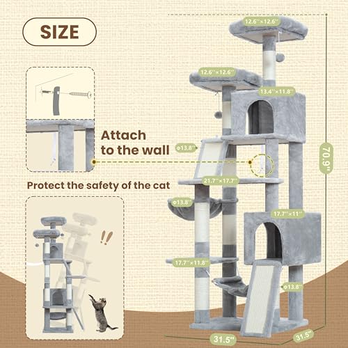 Cat Tree for Indoor Cats, 71'' (180cm) Multi-Level Cat Tower for Large Adult, Sturdy Cat Tree House with 2 Scratching Boards 7 Posts