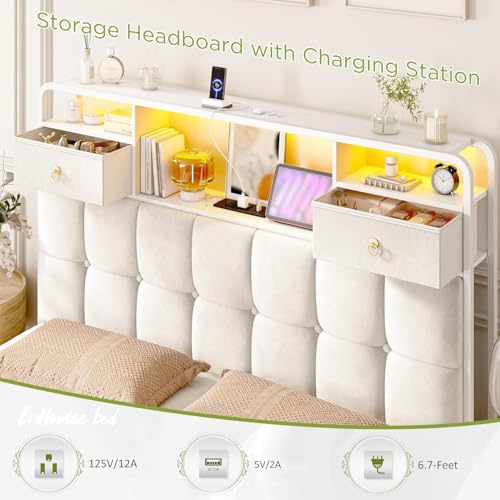 EnHomee King Size Bed Frame with 4 Storage Drawers King Bed Frame with Headboard Built in Charging Station and LED Lights, No Noise