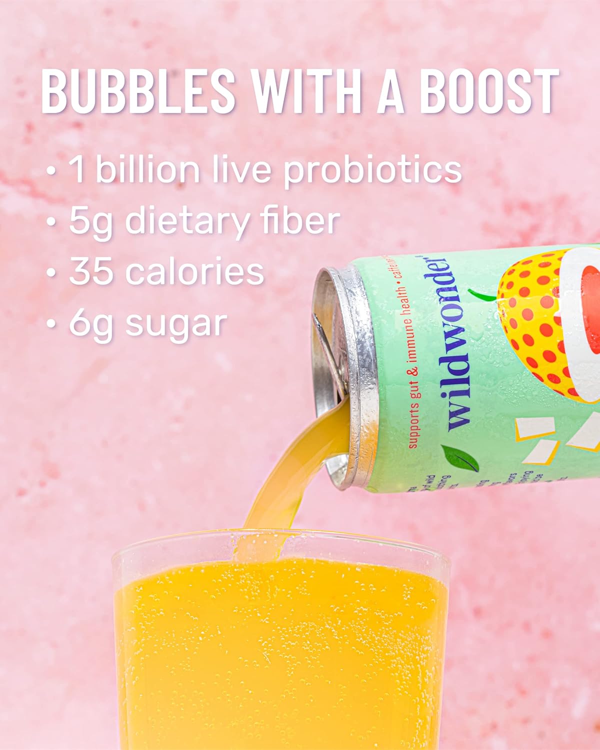 Wildwonder Sparkling Probiotic Juice Drink w/ Gut Health Immunity & Digestion Support, w/ 5g Fiber & Live Probiotics, Caffeine Free, Organic, Vegan
