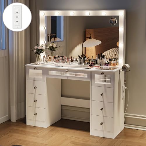 9 Drawers Makeup Vanity Desk with 36.9" Oversized Mirror and Lights, Vanity with Tempered Glass Top