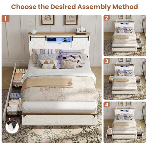 Hasuit Farmhouse Bed Frame California King Size with Storage Bookcase Headboard, Wooden Cal King Bed with LED Lights, Charging Station, 2 Drawers