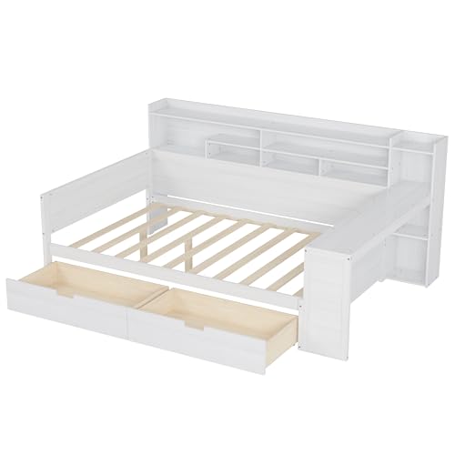 Corner Twin Bed Frame with Bookcase Storage and Desk, Wood Day Beds with 2 Drawers, Twin Size Daybed with Storage for Living Room