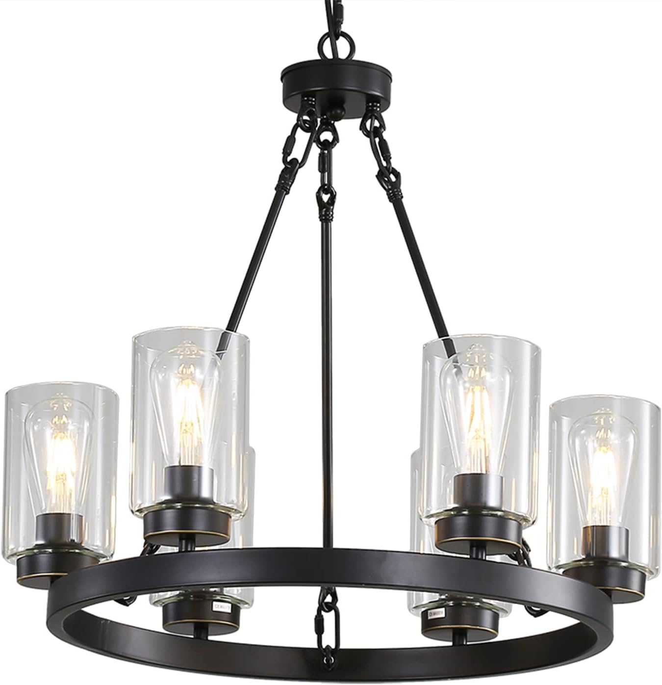 6-Light Large Industrial Rustic Farmhouse Wagon Wheel Chandelier Black Metal Large Round Dining Room Light Modern Rustic Light Fixture Iron Ring
