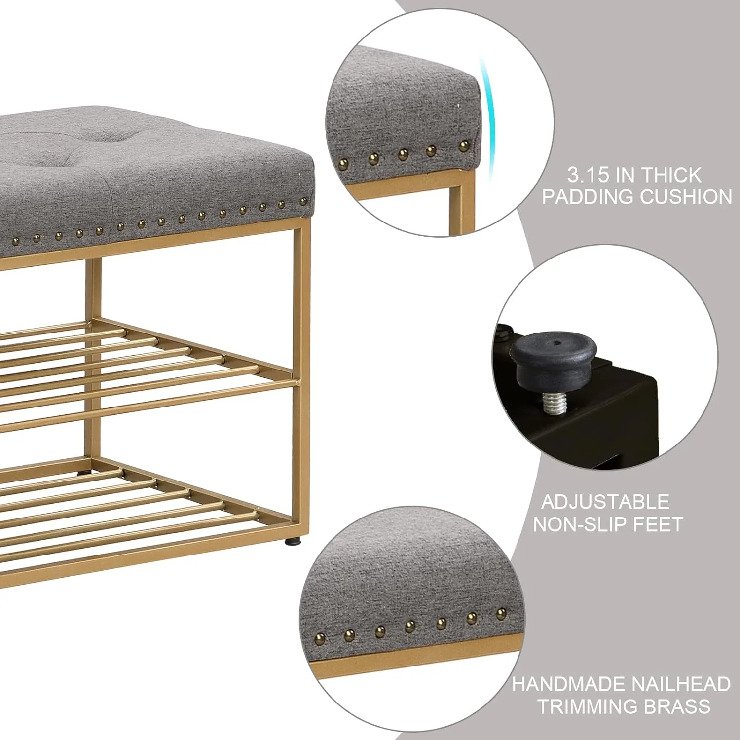 YGDU End of Bed Bench-Upholstered Entry Shoe Storage with Nailhead Trim,Black Mental Frame Ottoman Bench for Bedroom Entry Window Mudroom Living Room