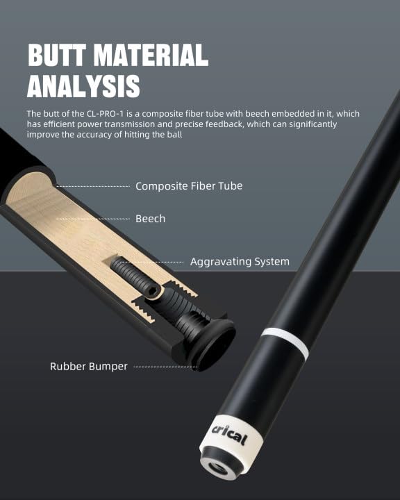 CRICAL Carbon Fiber Pool Cue Stick 58" Billiard Cue Sticks Professional Low Deflection Pool Sticks with 3/8 * 8 Pin Joint and 12.5mm Tip