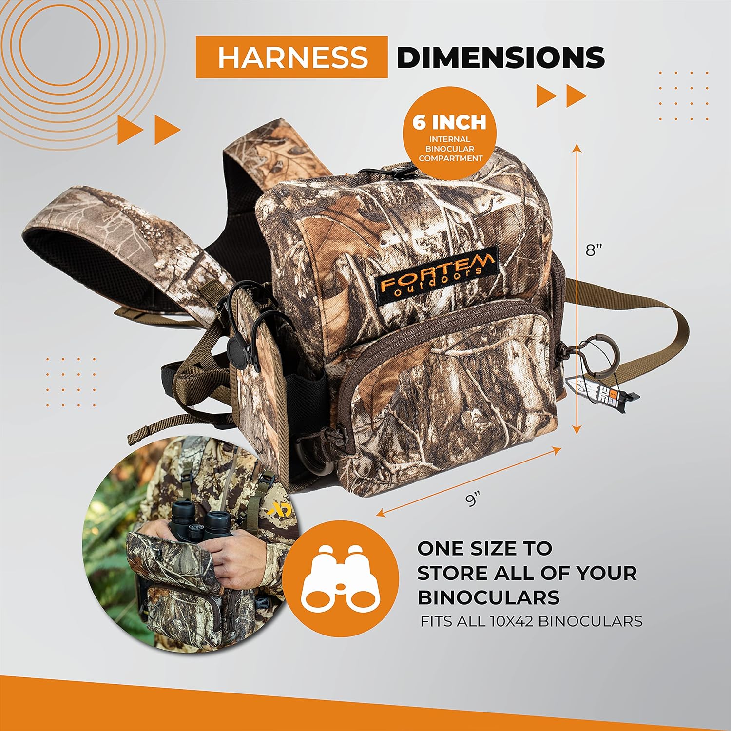 Fortem Outdoors Bino Harness Chest Pack Binocular Harness Bag for Hunting and Rangefinder Case Hunting Pack for Bird Watching, Travel, Hunting