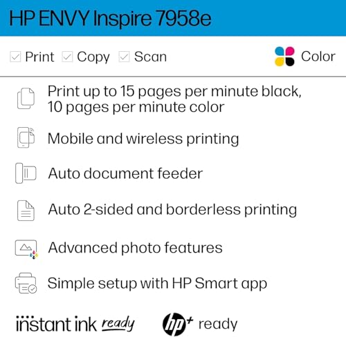 HP ENVY Inspire 7958e Wireless All-in-One Color Inkjet Printer, Print, scan, copy, Duplex printing best-for-home