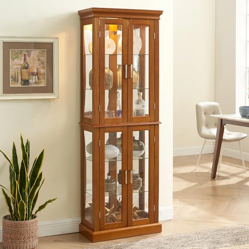 Curio Glass Display Cabinet with Lighted and Mirrored Back Panel,China Cabinets with Glass Doors