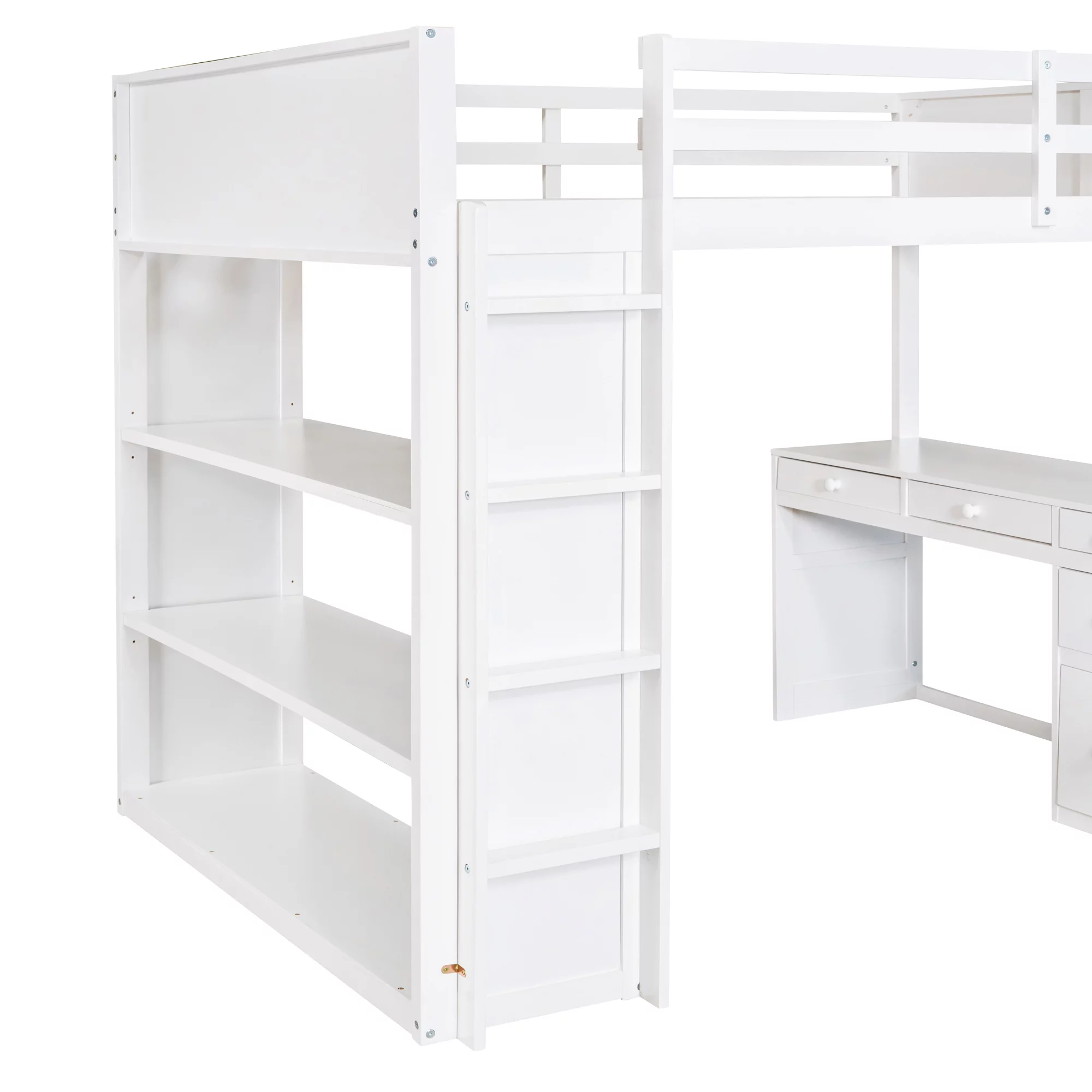 Bellemave Full Size Loft Bed with Desk and Shelves, Wood High Loft Bed Frame with Storage and Ladder, for Kids Teens Adults, White