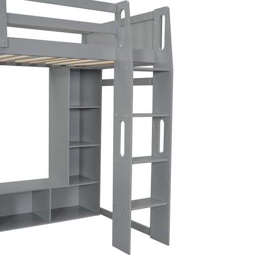 Gaming Bed with Desk,Wardrobe,Ample Storage Space,and RGB LED Light, Full Size Wood Loft Bed for Kids Bedroom (Cloud Blue/K)