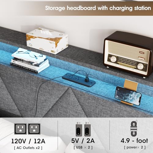 Vabches Queen Bed Frame with Storage Headboard and 4 Drawers,Upholstered Platform with Charging Station and Led Lights,Adjustable Headboard