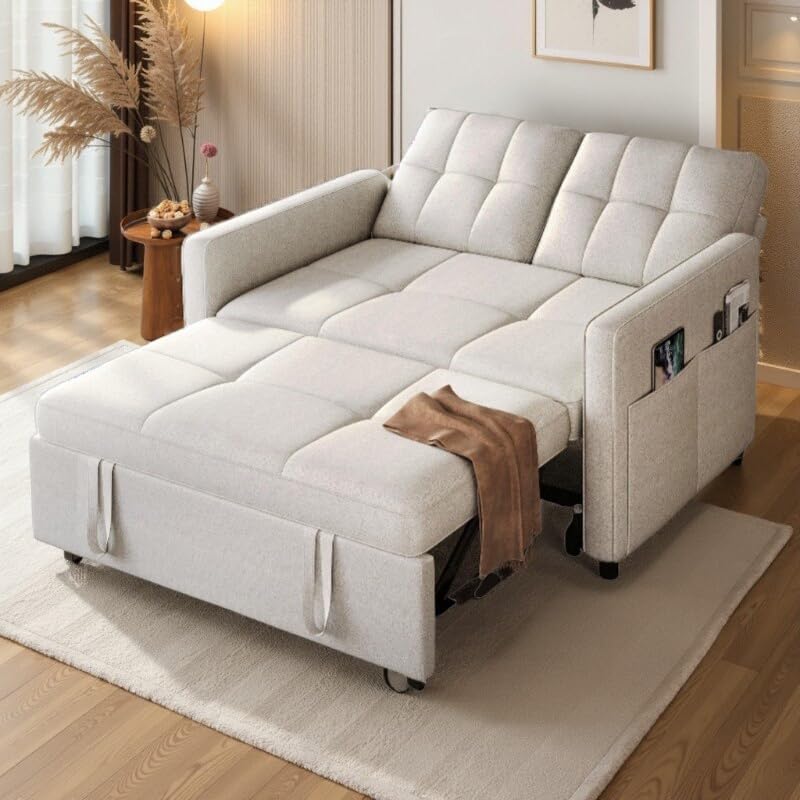 DWVO 55" Convertible Sofa Bed, 3-in-1 Sleeper Sofa with Pull-Out Bed, Linen Futon Couch with Adjustable Backrest and Side Pocket