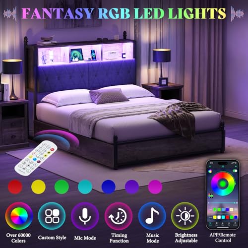 AMERLIFE Full Size Bed Frame with Bookcase Headboard, 4 Storage Drawers, Wooden Platform Bed with Charging Station & LED Light, No Box Spring Needed