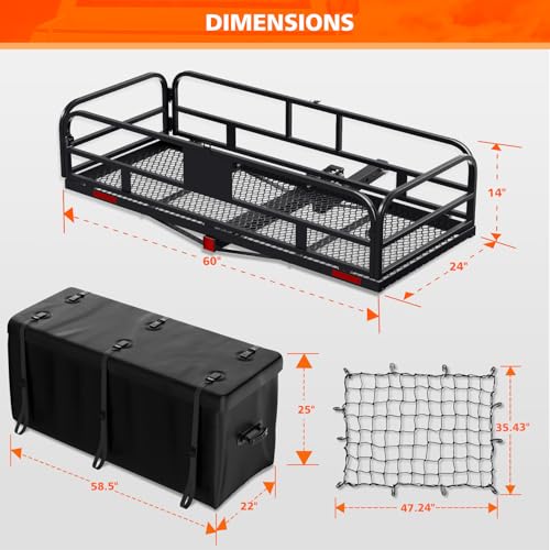 Hitch Mount Cargo Carrier Basket 500 LBS Folding Vehicle Cargo Baskets 60" x 24" x 14" Fits 2" Receiver with 2" Hitch Stabilizer for SUV