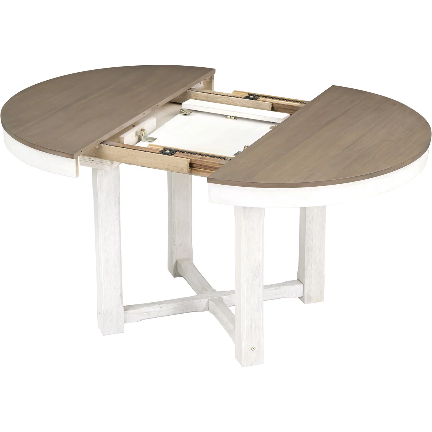 Churanty Farmhouse 5 Piece Round Dining Table Set for 4,Two Size Round to Oval Extendable Butterfly Leaf Wood Dining Table with 4 Upholstered Chairs