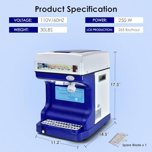 Electric Shaved Ice Machine,Ice Shaver Machine Adjustable Ice Fineness(250W 1400r/min),with Ice Pick & Scoop,265 LBS/H Tabletop Ice Crusher