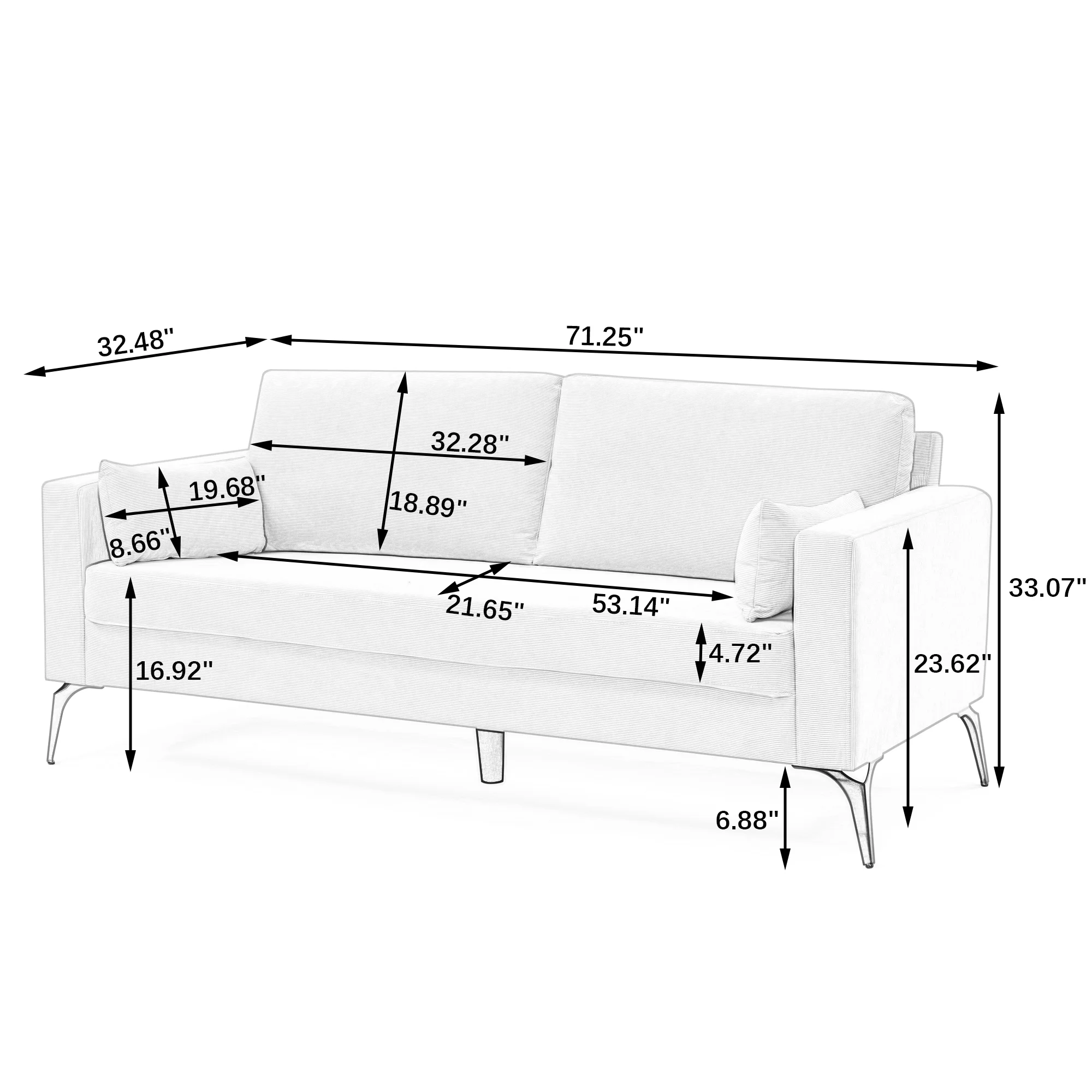 3-Seater Sofa with Square Arms and Tight Back, with Two Small Pillows,Corduroy Beige