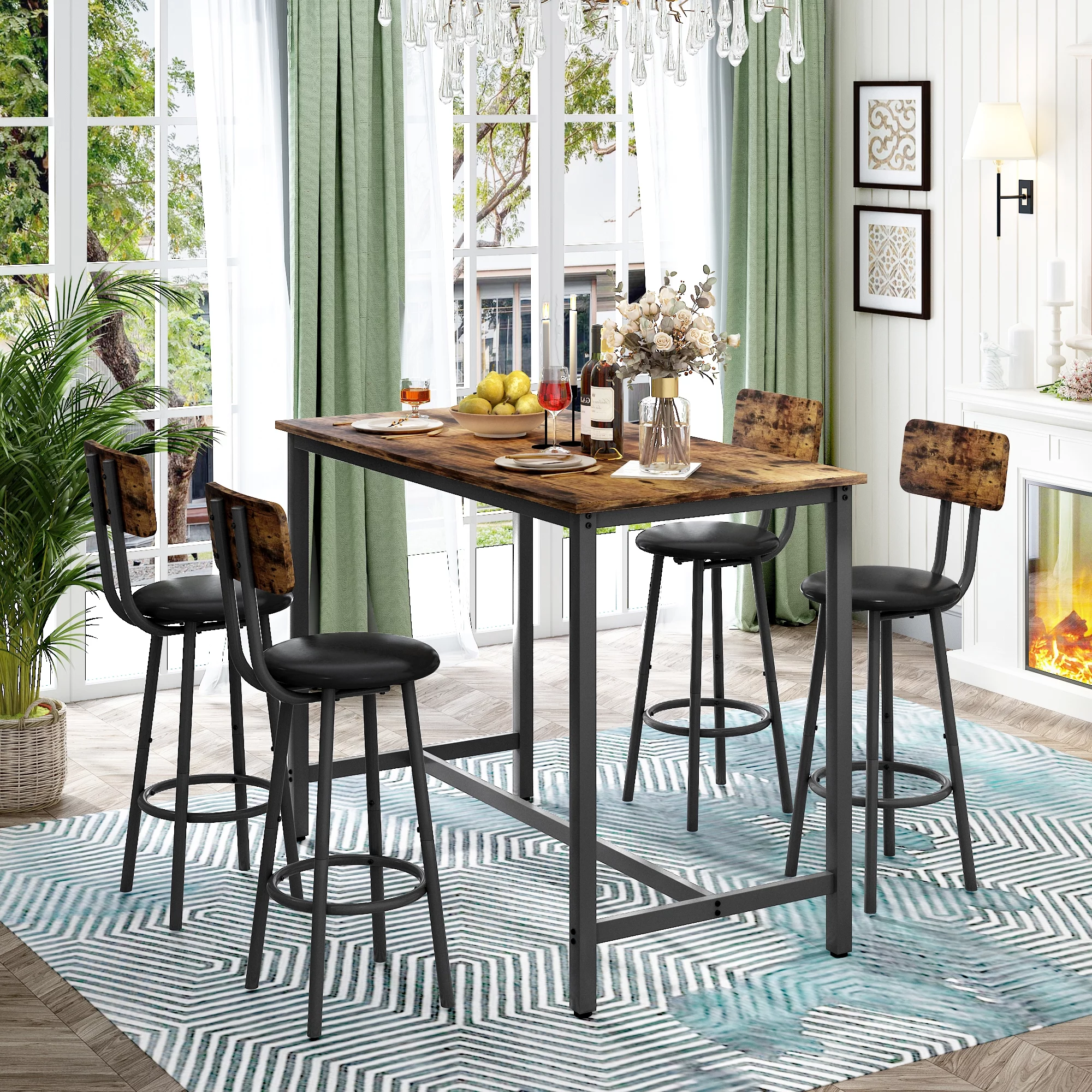 Paproos 5 Piece Dining Table Set, Bar Height Kitchen Table and Upholstered Stools with Backrest, Wooden Table Top and Metal Frame