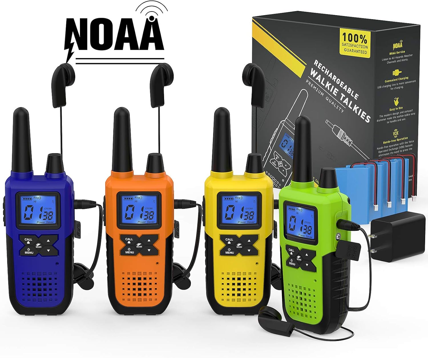4 Long Range Walkie Talkies Rechargeable for Adults - NOAA 2 Way Radios Walkie Talkies 4 Pack