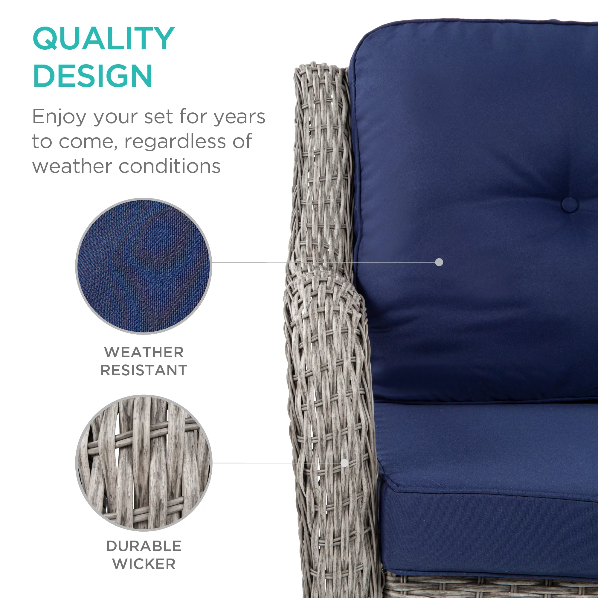 Best Choice Products 3-Piece Patio Wicker Bistro Furniture Set w/ 2 Cushioned Swivel Rocking Chairs, Side Table - Navy