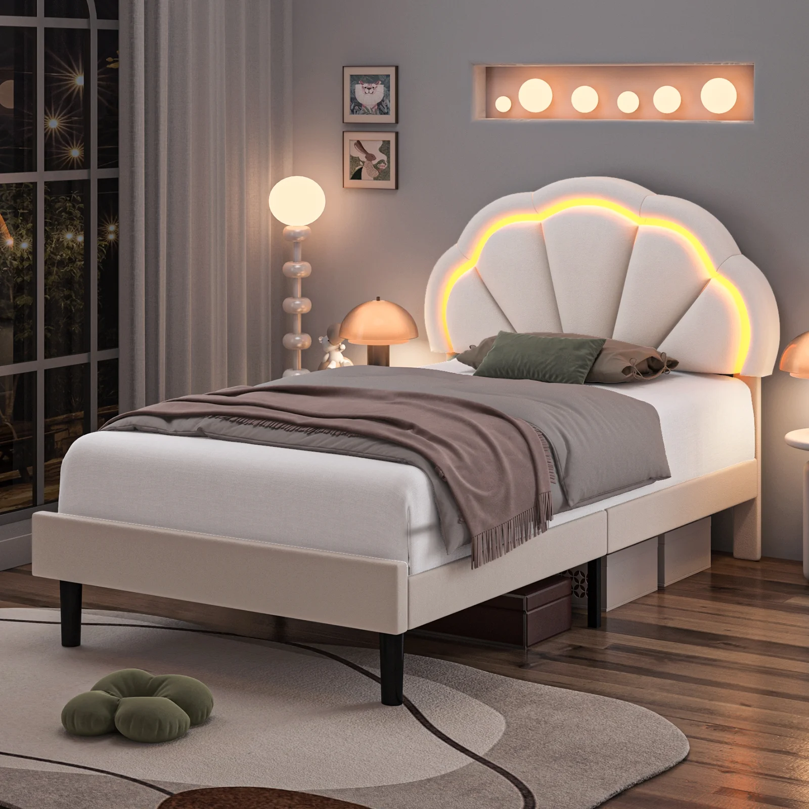 Homfa LED Bed Frame, Twin Size Velvet Upholstered Platform Bed with Adjustable Headboard, Lights Seashell Bed for Kids Girls, Off-White