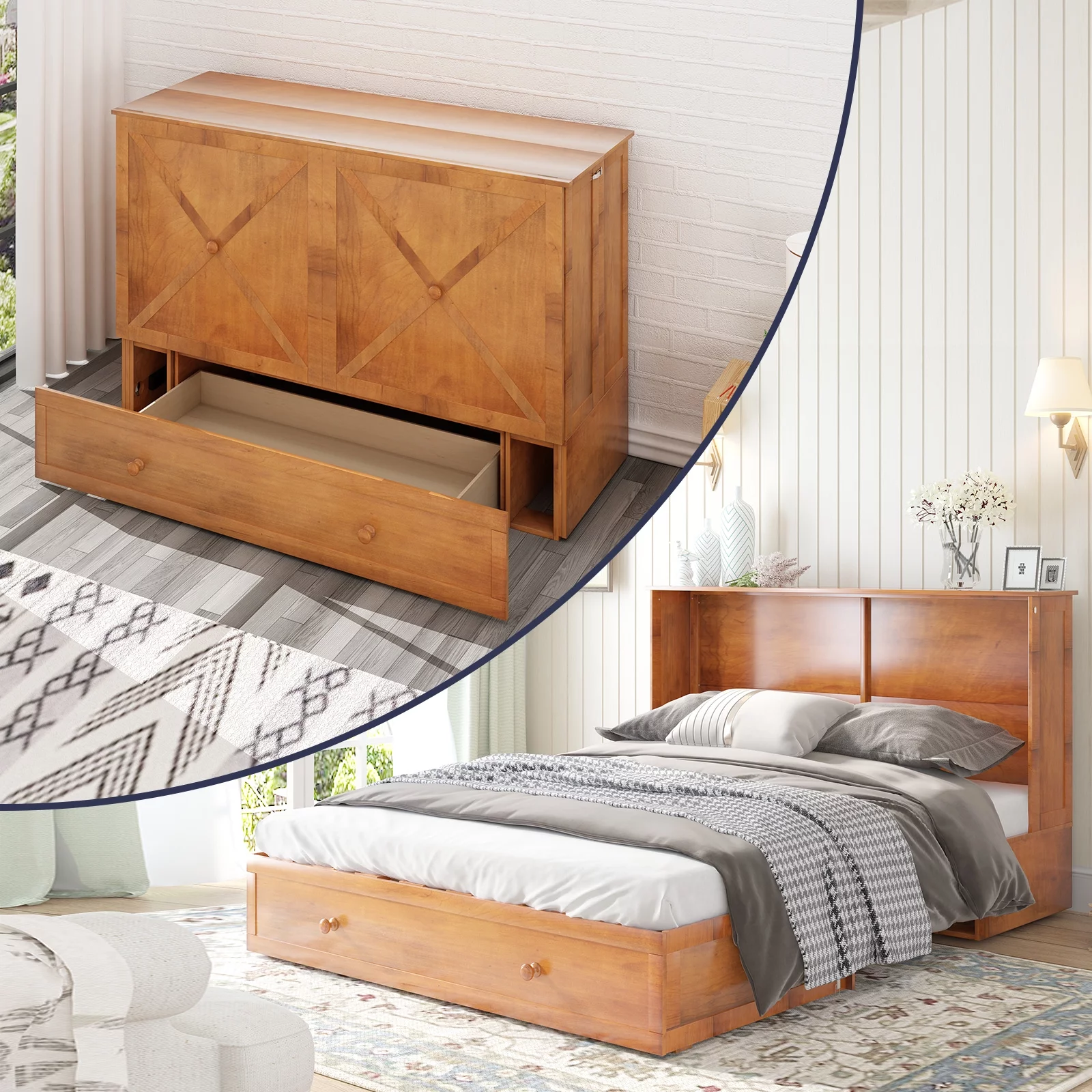 ZAFLY Murphy Bed Cabinet with USB Charging Station, Murphy Cube Cabinet Chest Bed with Drawer &Folding Mattress