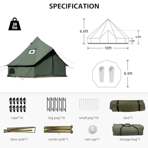 Cotton Canvas Bell Tent with Stove Jack, Roomy Yurt for Family Glamping Camping, 4 Season Tent with Zipped Removable Floor