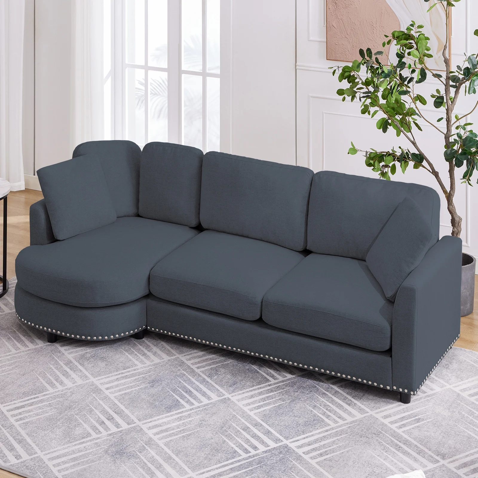 ZAFLY 3 Seater Sofa Couch, L Shaped Couch with Chaise, Curved Couches for Living Room - Dark Grey - Curated Treasures Market