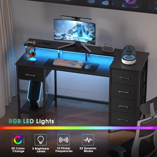 47 Inch Computer Gaming Desk with Power Outlets LED Lights Reversible Home Office with Adjustable Fabric Storage Drawers for Working Writing Study
