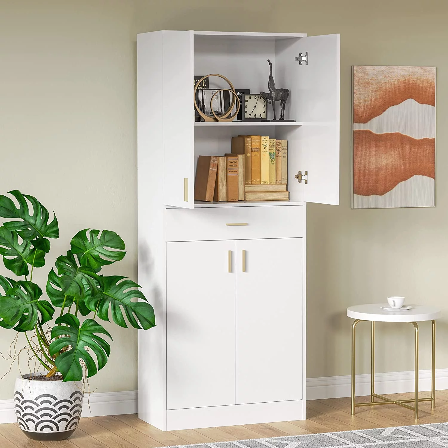 Cozy Castle White Kitchen Pantry, 70" Freestanding Storage Cabinet with Doors and Adjustable Shelves, Pantry Cabinet for Kitchen, Bathroom or Hallway