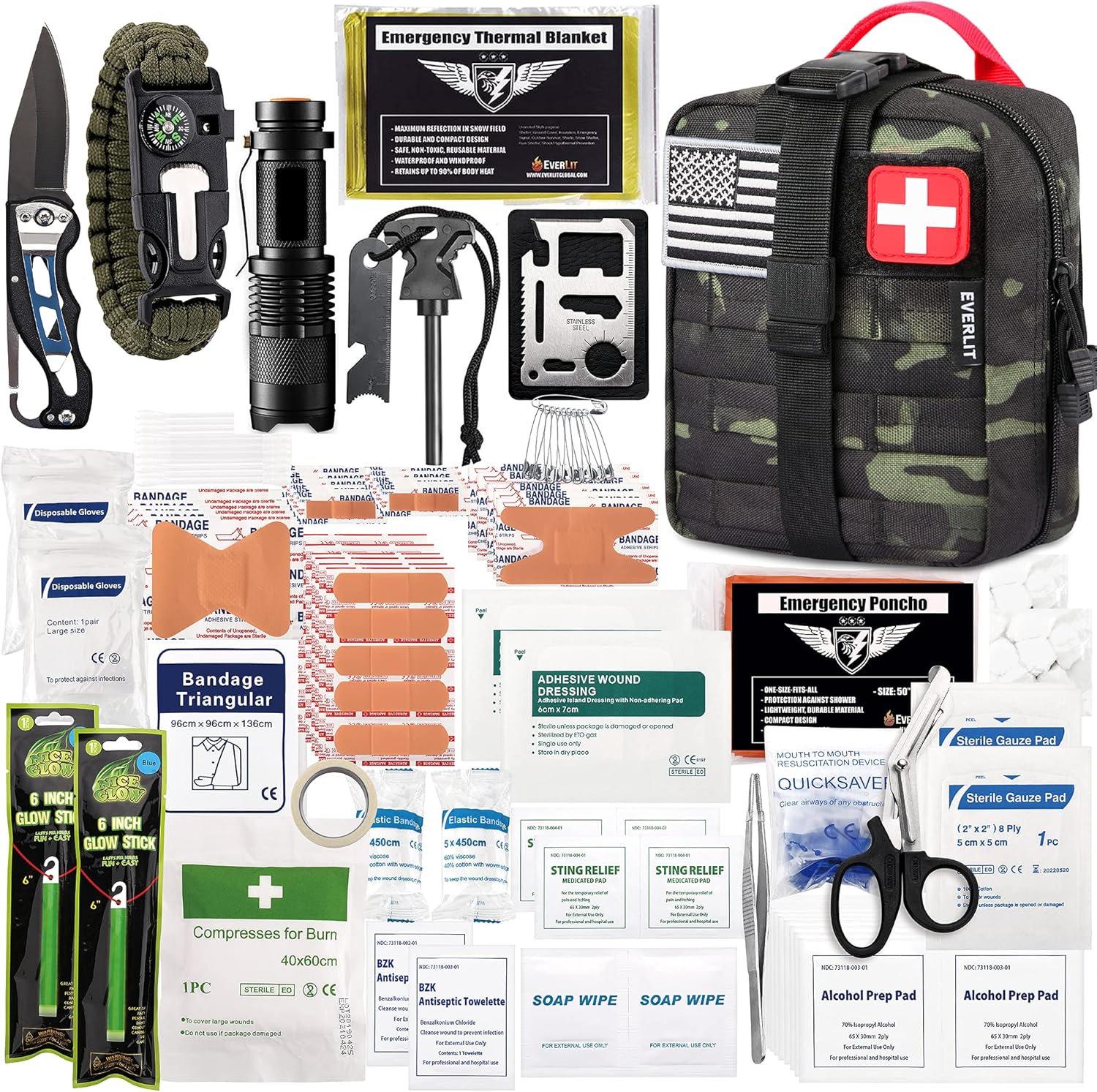 EVERLIT 250 Pieces Survival First Aid Kit IFAK Molle System Compatible Outdoor Gear Emergency Kits Trauma Bag for Camping Boat Hunting Hiking Home