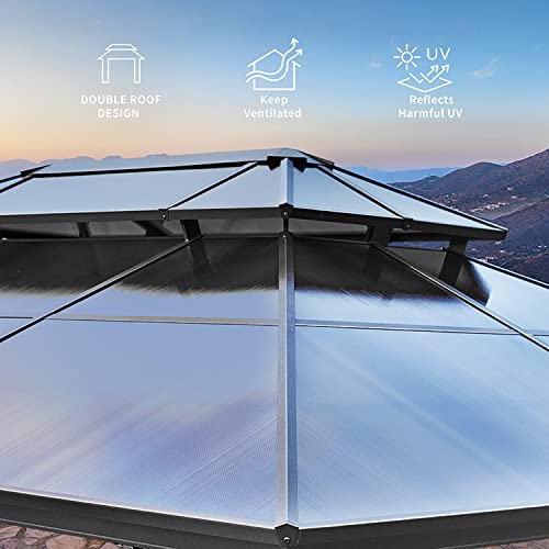 MELLCOM 10'x13' Hardtop Gazebo with Polycarbonate Double Roof, Aluminum Frame Outdoor Gazebo Permanent Pavilion with Curtains and Netting for Patio