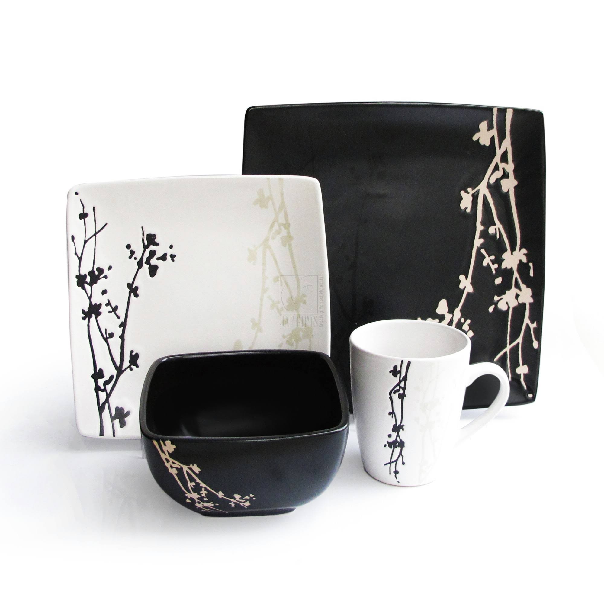 American Atelier Blossom Branch 16-Piece Dinnerware Set, Black/White
