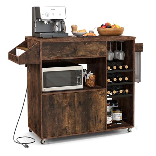 Rolling Kitchen Island with Drop Leaf & Power Outlet, Microwave Cart with Storage Cabinet, Drawer, Wine & Cup Holder, Spice & Towel Rack