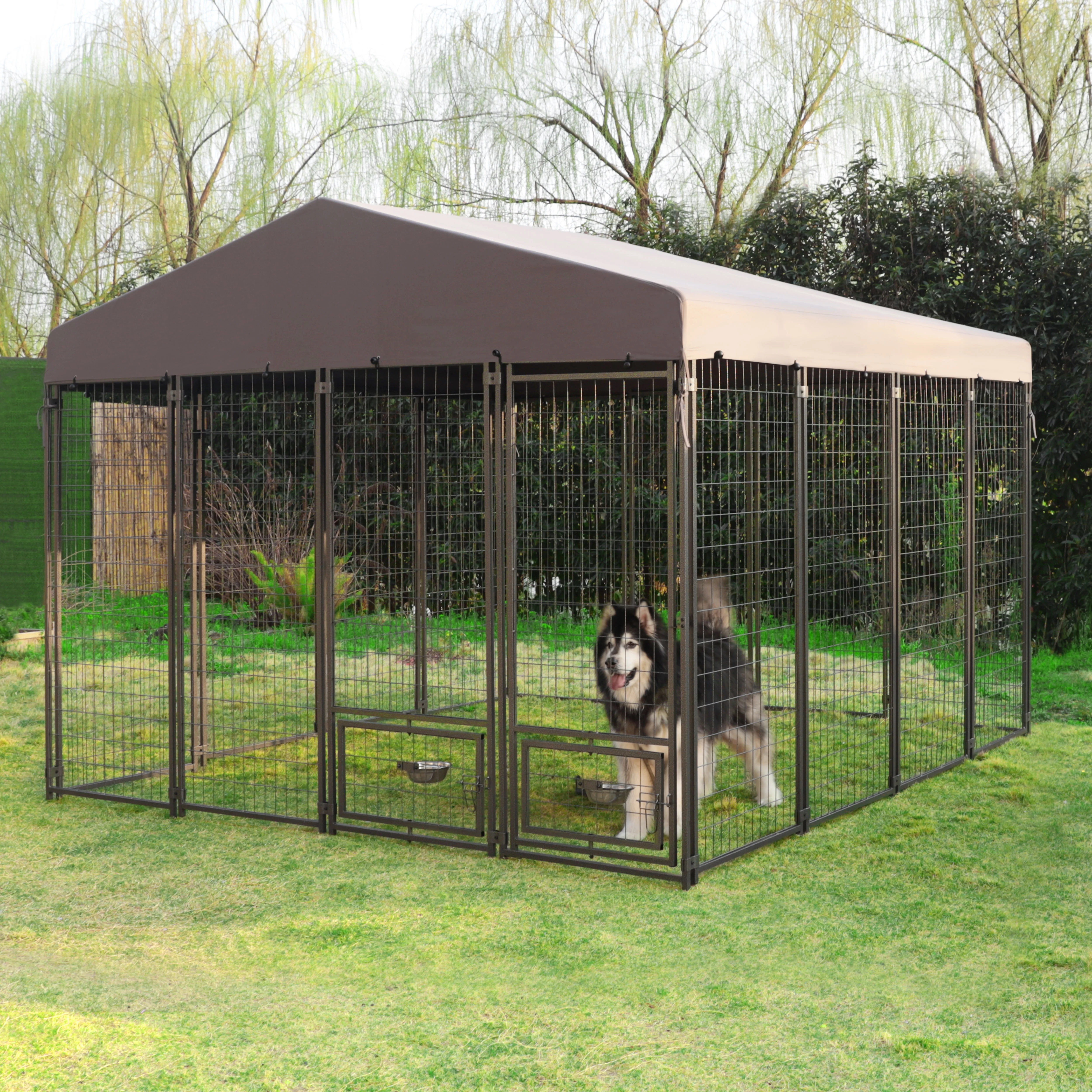 VEIKOUS 10x10 ft Outdoor Large Dog Kennel w/ Waterproof Canopy & 2 Bowls, Oversized Dog Crates for Yard, Lawn, Gray