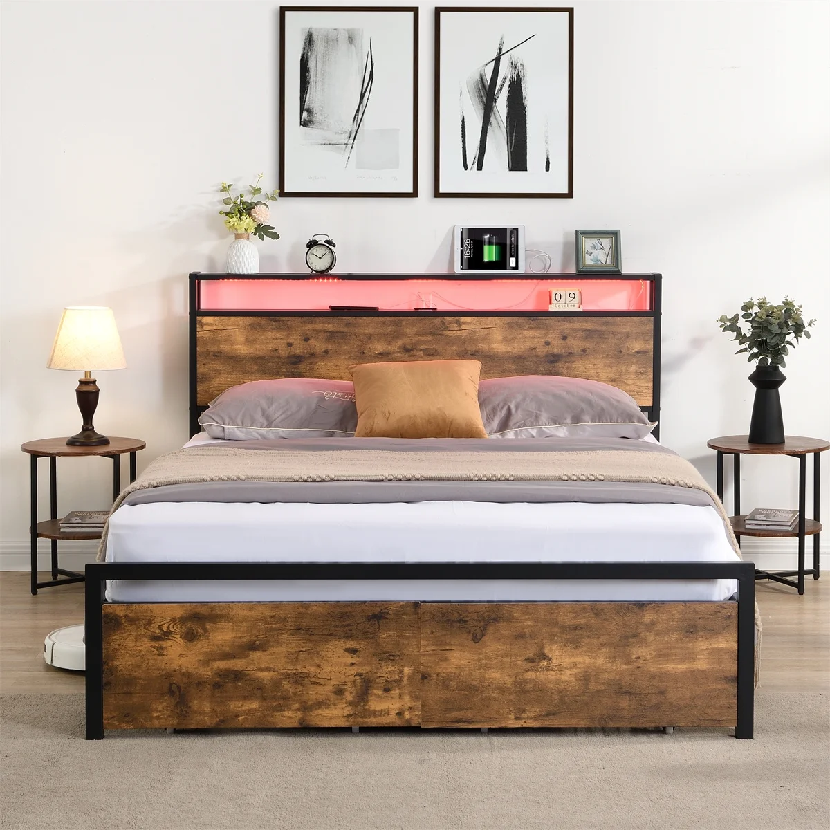 Queen Size Bed Frame with Storage Headboard and 2 Drawers, LED Lights Bed with Charging Station, Metal Platform Bed No Noise