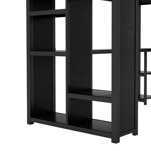 Queen Size Modern Metal Loft Bed with Wardrobe and L-Shaped Desk,Storage Cubes and Shelves,for Kids Teens Adults Bedroom Use (Black#h, Queen)