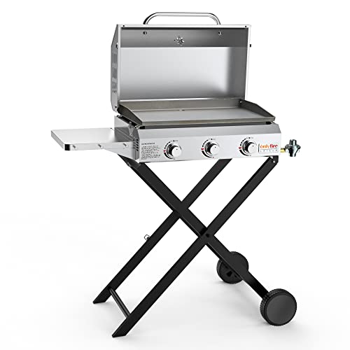 Portable Propane Gas Griddle 3-Burner with Foldable Cart & Side Table, Flat Top Gas Grill Griddle Stove with Lid