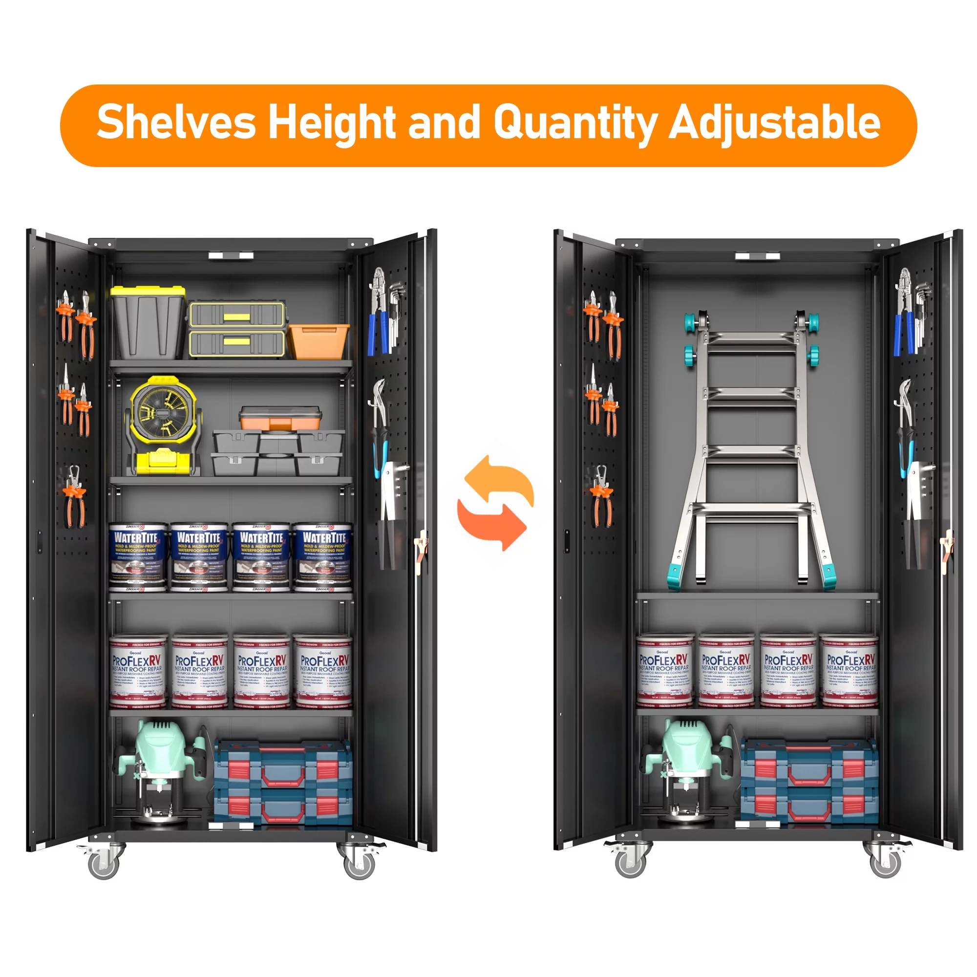 SUPEER 72 Inches Black Metal Storage Cabinet with Wheels and Pegboard, Rolling Storage Garage Cabinet with Adjustable Shelves and Door for Garage