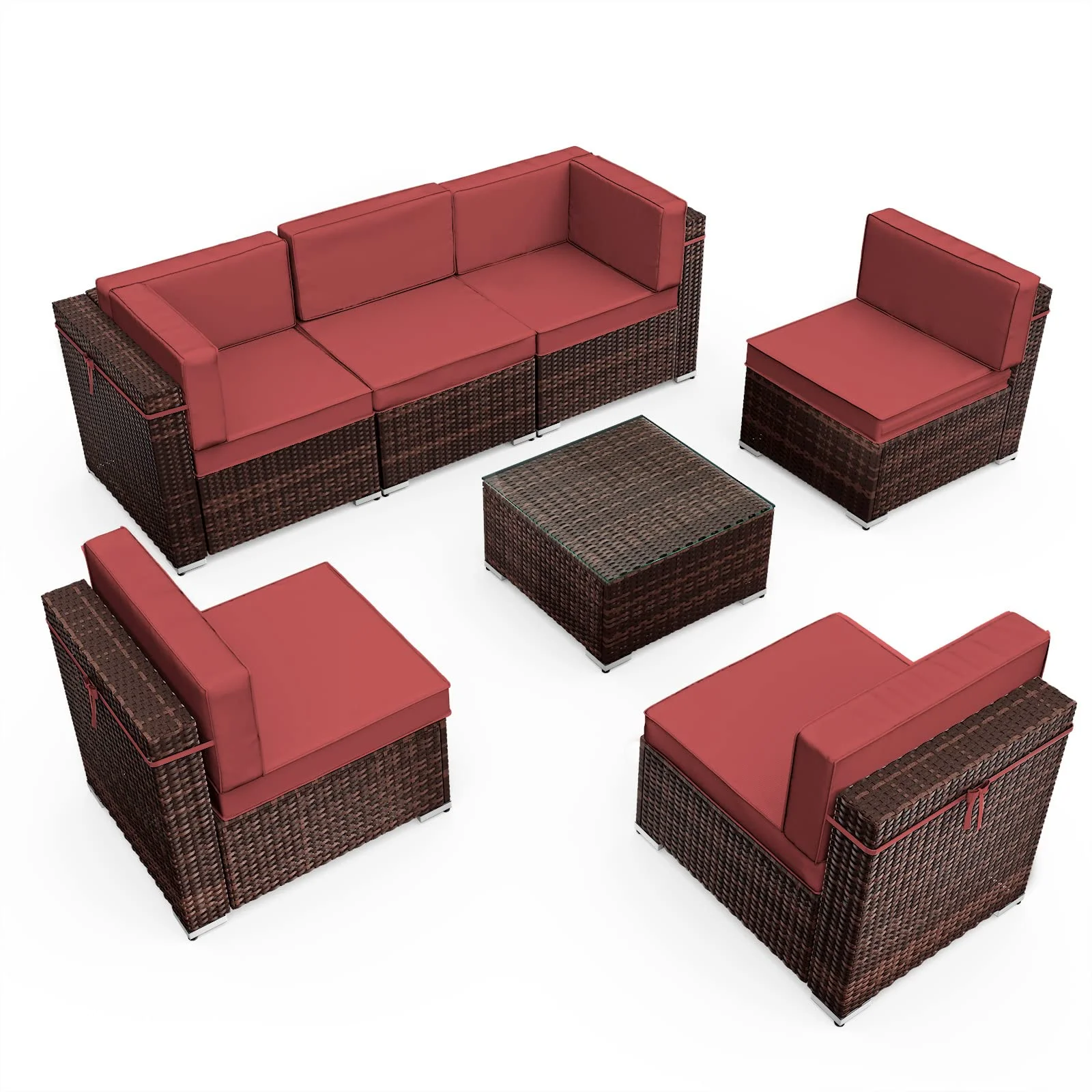 Amopatio 7 Pieces Patio Conversation Set, Outdoor Sectional PE Rattan Wicker Furniture Seat,Red - Curated Treasures Market