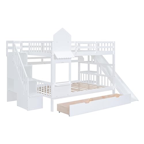 Kids Bunk Bed with Stairs and Slide, Wood Twin Over Twin Bunk Bed with Storage Drawers and Shelves, Castle Style Bunk Beds for Kids Teens Girls Boys