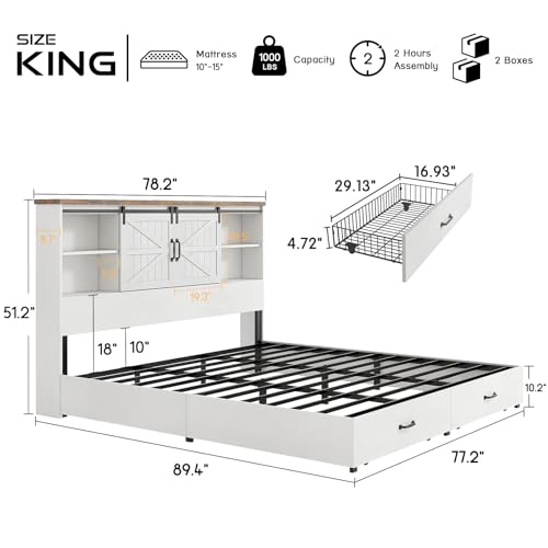 HOWE King Size Bed Frame, Wood Platform Bed Frame with 51.2" Bookcase Headboard, Storage Bed with Sliding Barn Door Charging Station 2 Drawers