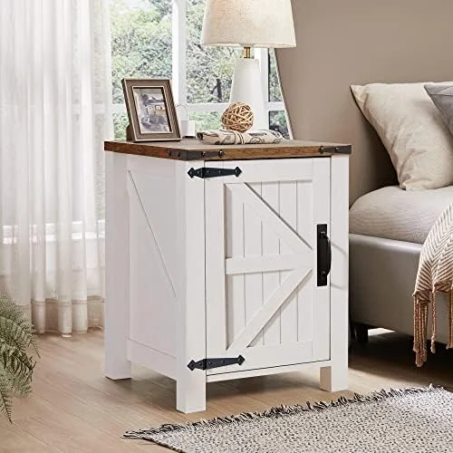 BBNBDMZ Nightstand w/Charging Station  18 Inch Farmhouse End Table w/Barn Door and Adjustable    Rustic Wood Sofa Side Table w/Magnetic Door for