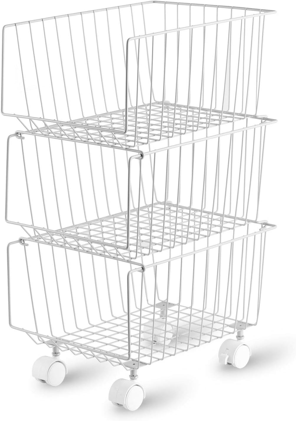 Rolling Stackable Storage Bin, Modern 4 Tiers Basket with Lockable Casters, Utility Storage Organizer for Kitchen, Pantry, Closets, Bedrooms(Gray)
