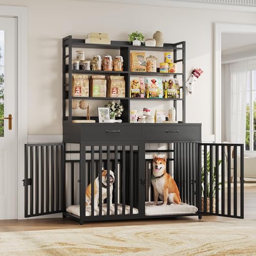 Keyluv 71''H x 47.2''W Large Dog Crate Furniture with 4-Tier Shelves and 2 Storage Drawers, Heavy Duty Dog Cage Furniture with 2 Doors