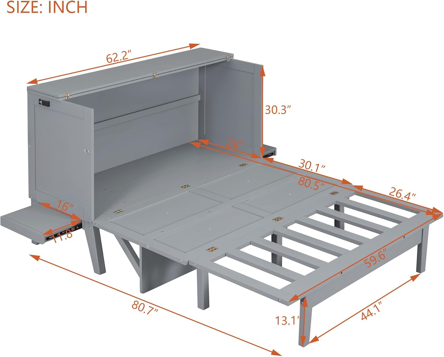 Murphy Bed Queen with Desk Board and Removable Shelves,Wooden Murphy Bed Cabinet with Charging Station