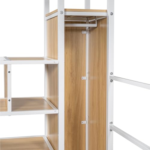 Modern Full Size Gaming Loft Bed with Built-in Desk and Storage Wardrobe, Wood Loft Bed Frame with Light Strip and 2 Drawers