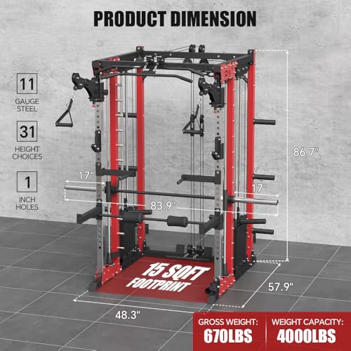 FAGUS Commercial Smithe Machine with 308lb Dual Weight Stacks, 4000LBS Power Cage Squat Rack with Lever Arm & Leg Press